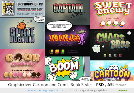 طرح لایه باز افکت متن کارتونی و کتاب طنز به همراه استایل - Cartoon and Comic Book Styles